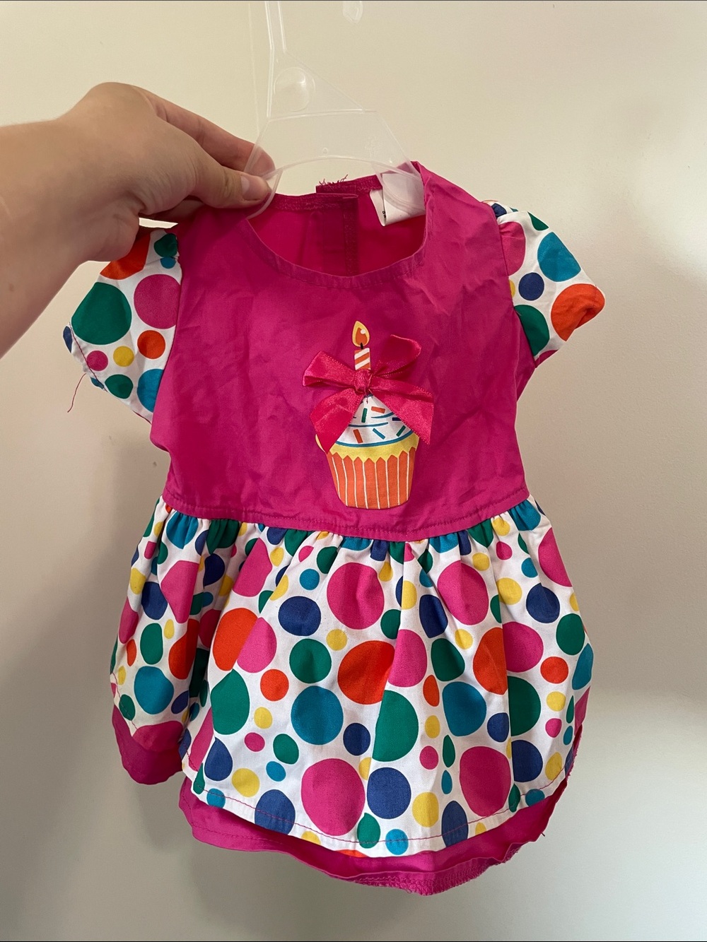 Bright Pink Polka Dot Dog Birthday Dress with Cupcake Accent